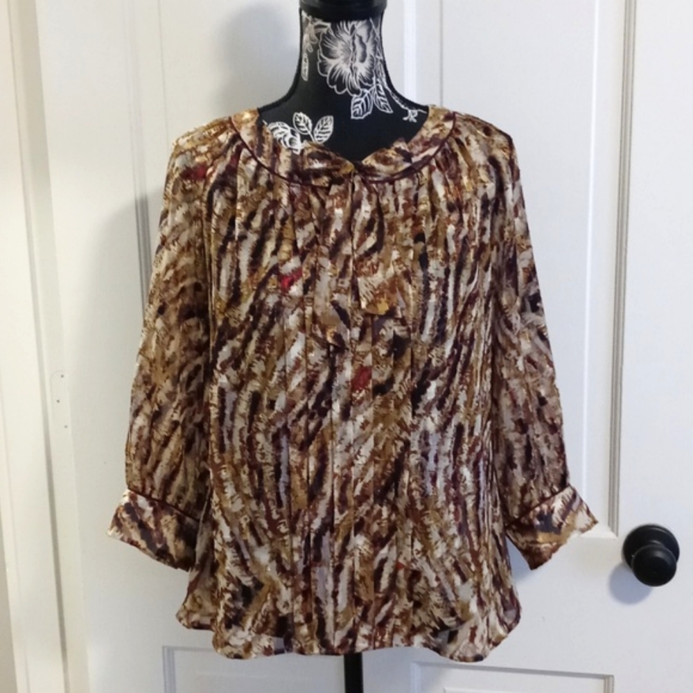 🍂Antonio Melani🍂 - Gold/Red/Black/Brown Pleated Front Semi-Sheer Gaylene Top